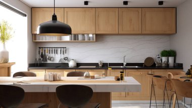 Basit minimalist modern mutfak örtüsü ev ve daire için rahat ve zarif, dolap, mutfak lavabosu, mutfak eşyaları, yemek odası, iyi bir iç mekan..