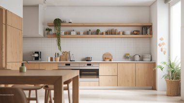 Basit minimalist modern mutfak örtüsü ev ve daire için rahat ve zarif, dolap, mutfak lavabosu, mutfak eşyaları, yemek odası, iyi bir iç mekan..