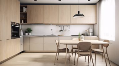 Basit minimalist modern mutfak örtüsü ev ve daire için rahat ve zarif, dolap, mutfak lavabosu, mutfak eşyaları, yemek odası, iyi bir iç mekan..