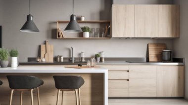 Basit minimalist modern mutfak örtüsü ev ve daire için rahat ve zarif, dolap, mutfak lavabosu, mutfak eşyaları, yemek odası, iyi bir iç mekan..