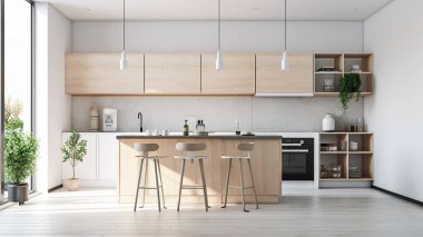 Basit minimalist modern mutfak örtüsü ev ve daire için rahat ve zarif, dolap, mutfak lavabosu, mutfak eşyaları, yemek odası, iyi bir iç mekan..