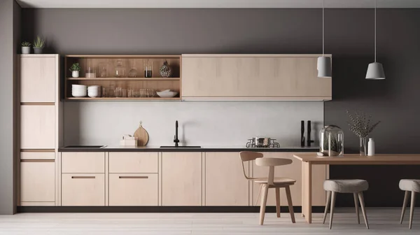 Basit minimalist modern mutfak örtüsü ev ve daire için rahat ve zarif, dolap, mutfak lavabosu, mutfak eşyaları, yemek odası, iyi bir iç mekan..