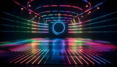 Fütürist Sahne Renkli Işıkları, oda arkaplanı ve fon, Ürün Gösterimi veya Sunumlar için boş podyum, soyut modern, Gösteriler ve Modern Projeler için Mükemmel. 3B Hazırlama.