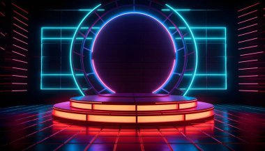 Fütürist Sahne Renkli Işıkları, oda arkaplanı ve fon, Ürün Gösterimi veya Sunumlar için boş podyum, soyut modern, Gösteriler ve Modern Projeler için Mükemmel. 3B Hazırlama.