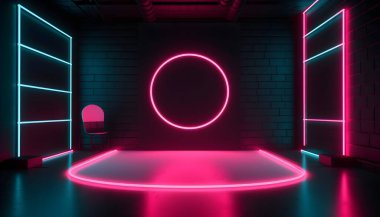 Fütürist Sahne Renkli Işıkları, oda arkaplanı ve fon, Ürün Gösterimi veya Sunumlar için boş podyum, soyut modern, Gösteriler ve Modern Projeler için Mükemmel. 3B Hazırlama.