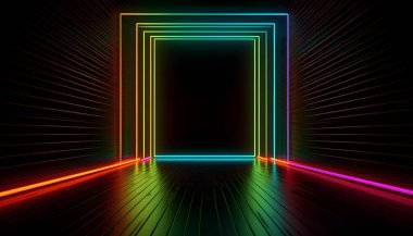 Fütürist Sahne Renkli Işıkları, oda arkaplanı ve fon, Ürün Gösterimi veya Sunumlar için boş podyum, soyut modern, Gösteriler ve Modern Projeler için Mükemmel. 3B Hazırlama.