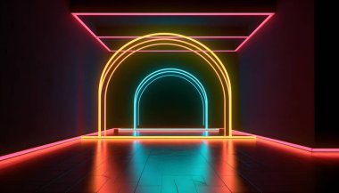 Fütürist Sahne Renkli Işıkları, oda arkaplanı ve fon, Ürün Gösterimi veya Sunumlar için boş podyum, soyut modern, Gösteriler ve Modern Projeler için Mükemmel. 3B Hazırlama.