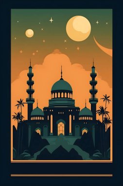 Mutlu Ramazan veya EID Mübarek taslağı ve tebrik kartı şablonu için renkli basit resimleme.