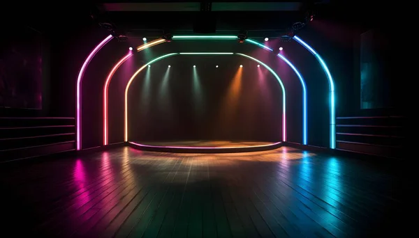 未来の舞台カラフルなネオンステージルームの背景と背景 プロダクトディスプレイやプレゼンテーションのための空の表彰台 抽象的な現代 ショーケースや現代プロジェクトに最適です 3Dレンダリング — ストック写真