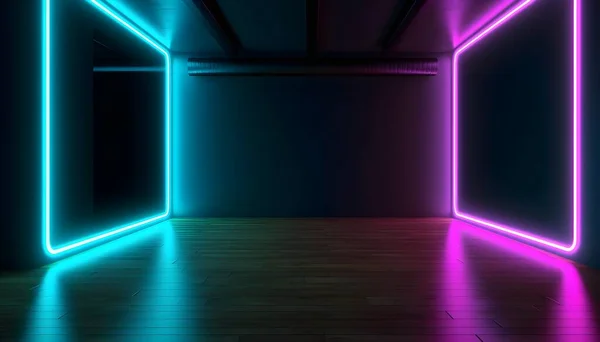 未来的舞台五彩缤纷的霓虹灯舞台灯光舞台的背景和背景 空旷的平台为产品展示或演示 抽象的现代 完美的展示和现代项目 3D渲染 — 图库照片