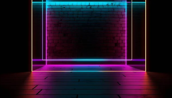 Futuristic Stage colorful neon lights stages room background and backdrop, empty podium for Product Display or Presentations, abstract modern, Perfect for Showcases and Modern Projects. 3D Rendering.