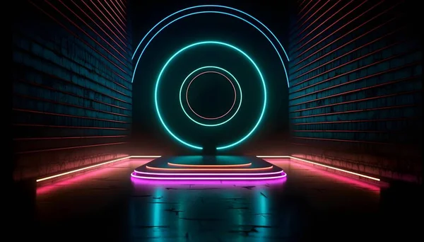 Futuristische Bühne Bunte Neonlichter Inszenieren Raumhintergrund Und Hintergrund Leeres Podium — Stockfoto
