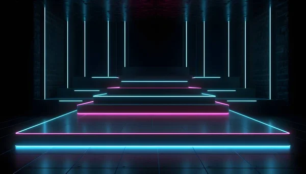 未来的舞台五彩缤纷的霓虹灯舞台灯光舞台的背景和背景 空旷的平台为产品展示或演示 抽象的现代 完美的展示和现代项目 3D渲染 — 图库照片
