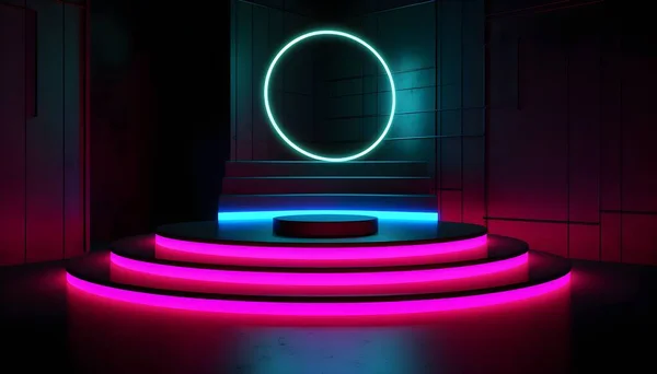 Futuristico Palcoscenico Colorato Luci Neon Palcoscenico Stanza Sfondo Sfondo Podio — Foto Stock
