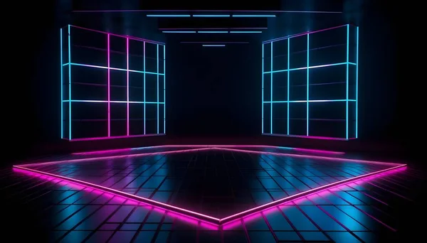 Futurystyczna Scena Kolorowe Neony Sceny Tło Tło Pokoju Puste Podium — Zdjęcie stockowe