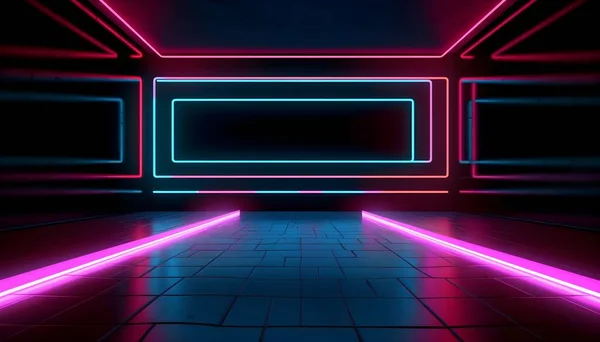Futuristische Bühne Bunte Neonlichter Inszenieren Raumhintergrund Und Hintergrund Leeres Podium — Stockfoto