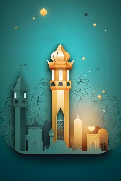 Ilustrasi Dekorasi Sederhana Berwarna Untuk Happy Ramadan Atau Draf Eid — Stok Foto