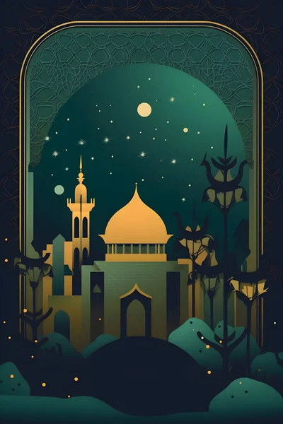 Ilustrasi Dekorasi Sederhana Berwarna Untuk Happy Ramadan Atau Draf Eid — Stok Foto