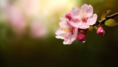 Sakura çiçekleri ya da kiraz çiçekleri pembe bir arkaplan ve zemin üzerinde çiçek açar, yazı için alanı kopyalar, pankart ve duvar kağıdı kadar iyi, mevsim selamları ve diğer tasarım materyalleri.