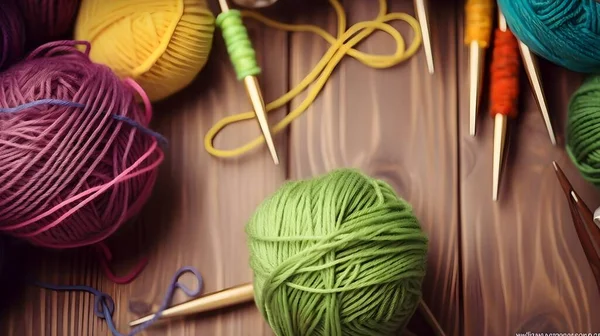 かぎ針編みと編み物趣味 カラフルな糸の玉 テーブルの上に針を編む コピースペース フラットレイ 木の背景 — ストック写真