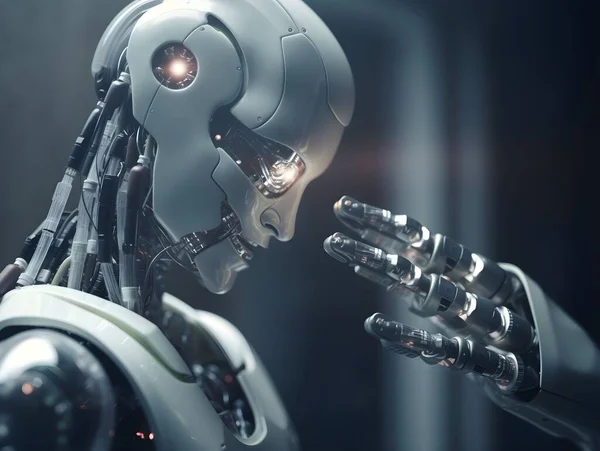 Biały Robot Lub Cyborg Ciała Głowy Innego Robota Ręka Chcą — Zdjęcie stockowe