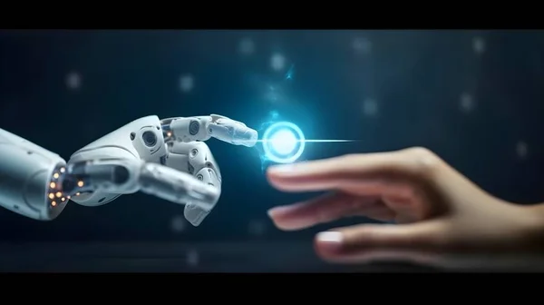 人間とロボットの手の指に触れ 一緒に接続します Aiの概念 人間とロボットの未来技術の概念 — ストック写真