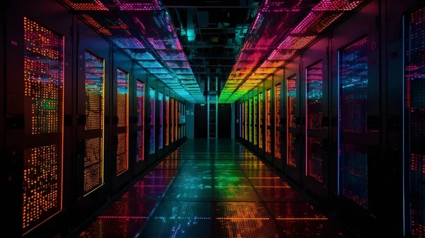 Dunkles Buntes Rechenzentrum Oder Serverraum Rack Und Jede Menge Datenlicht — Stockfoto