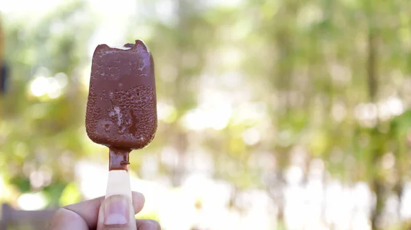 Hand Holding Bitten Common Popular Dark Chocolate Ice Cream Stick — Stock Photo, Image