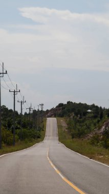 Endonezya 'da solda ve sağda yeşil ağaç olan güzel bir açık yol ya da köy yolu. Asfalt uzun yol kırsal kesim.