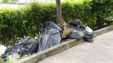 Toplanan çöp, ağacın altındaki siyah plastik torbaya konur..