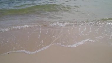 Kumsalın ve sahil kıyısının huzurlu güzelliğini hissedin, yumuşak dalgaların kumları süpürdüğü, sahil çevresinin rahatlatıcı görüntülerini ve seslerini sunduğu.