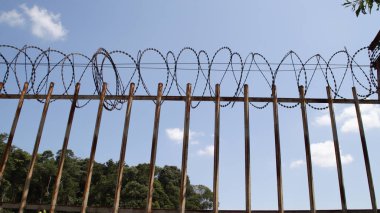 Rusty Barbed Wire Fence Against Clear Blue Sky in Daylight Highlighting Security and Protection in an Outdoor Industrial Setting clipart