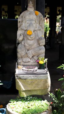 Marigold Çiçekleri ile süslenmiş Entrika oymalı Taş Ganesha Heykeli ve Yeşil ve Gölgeli Barışçıl Açık Tapınak Ayarları