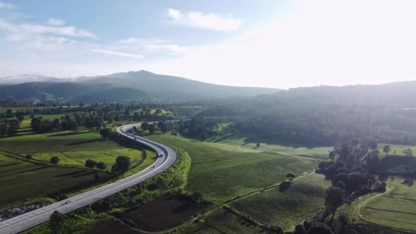 Flygfoto Över Mexiko Puebla Motorvägen Omgiven Skog Vid Soluppgången Stockfilm