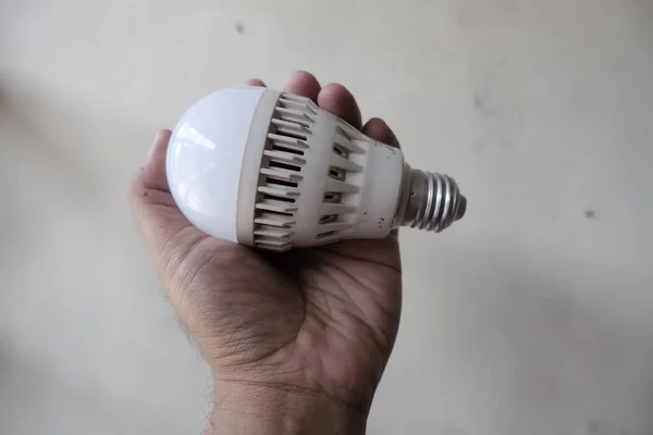 white light bulb holding in hand on white background.