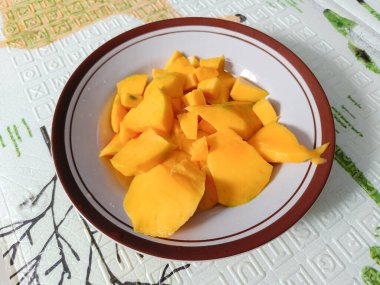 A plate of slices of mango on the table