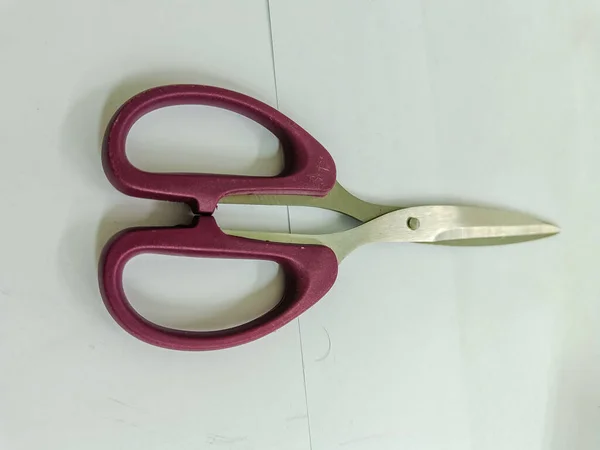 Scissors with purple handle on the white background.