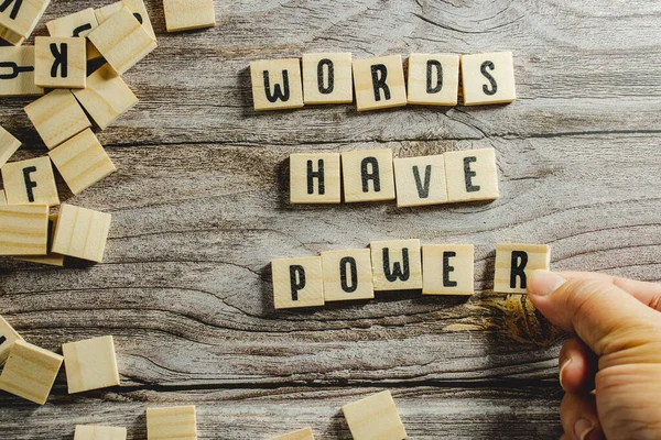 Words Have Power Word Cube Wood Background English Language Learning 스톡 이미지
