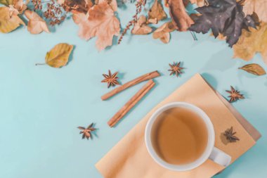 Sonbahar veya Kış kompozisyonu. Kurumuş sonbahar yaprakları ve tarçın. Düz yatış, üst görünüm.