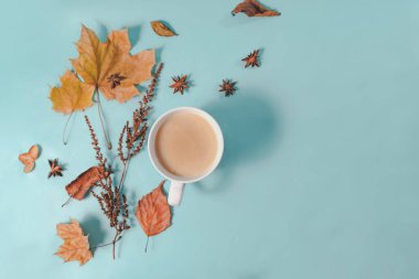 Sonbahar veya Kış kompozisyonu. Kurumuş sonbahar yaprakları ve tarçın. Düz yatış, üst görünüm.