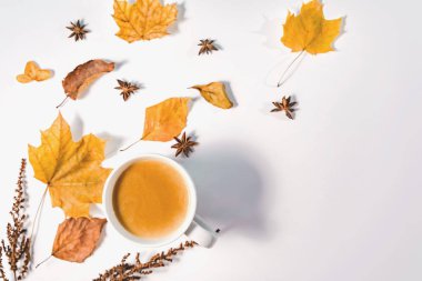 Noel kompozisyonu. Bir fincan kahve, pembe arka planda eşarp. Noel, kış konsepti. Düz konum, üst görünüm, kopyalama alanı