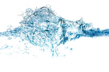 Su sıçraması ve hava kabarcıkları beyaz arka planda izole edilmiş. Mavi su dalgası soyut arkaplan Whit üzerinde izole