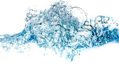 Su sıçraması ve hava kabarcıkları beyaz arka planda izole edilmiş. Mavi su dalgası soyut arkaplan Whit üzerinde izole