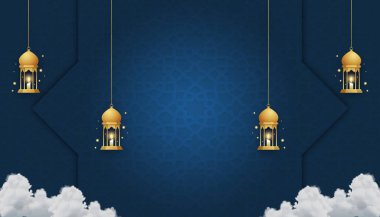 Modern İslami arkaplan boş metin, Ramazan Kareem için mavi altın lüks arkaplan ve Kurban Bayramı tasarım illüstrasyonu, İslami arkaplan vektör tasarımı illüstrasyonu 
