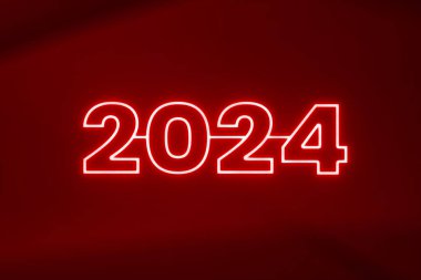 Kırmızı neon ışığı 2024 metin efekti karanlık şablonda parlıyor, mutlu yeni yıl neon metinleri