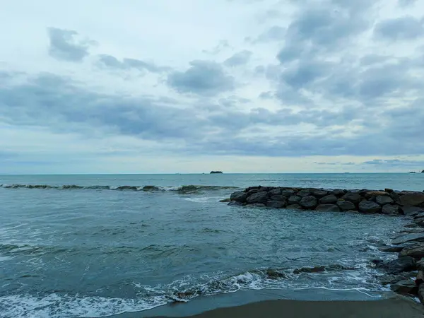 stock image Beautiful tropical empty beach sea ocean with white cloud on blue sky background in west Sumatra Indonesia 