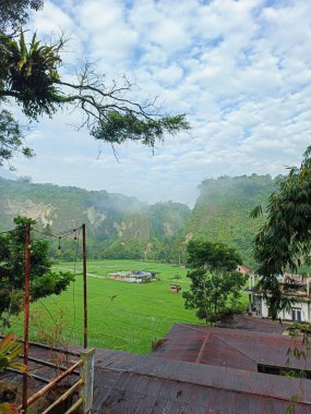 Pirinç tarlalarındaki sabah atmosferi soğuk bir sis vadisiyle çevrili. Buranın adı Ngarai Sianok, Batı Sumatra.