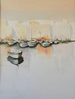 Bedava kompozisyon kağıt üzerinde suluboya ve denizde turuncu yansımalar