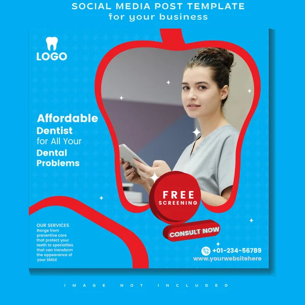 Sosyal medya paylaşım şablonu. Diş hekimi sosyal medya postası. Tıbbi sosyal medya ileti şablonu