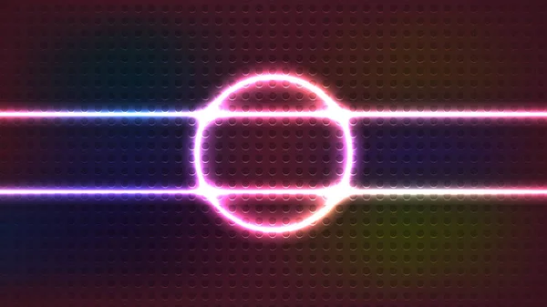 ネオンの光の円が反射する写真抽象的な経路 正面の明るいネオンサークル ネオンライトの背景テーマ — ストック写真